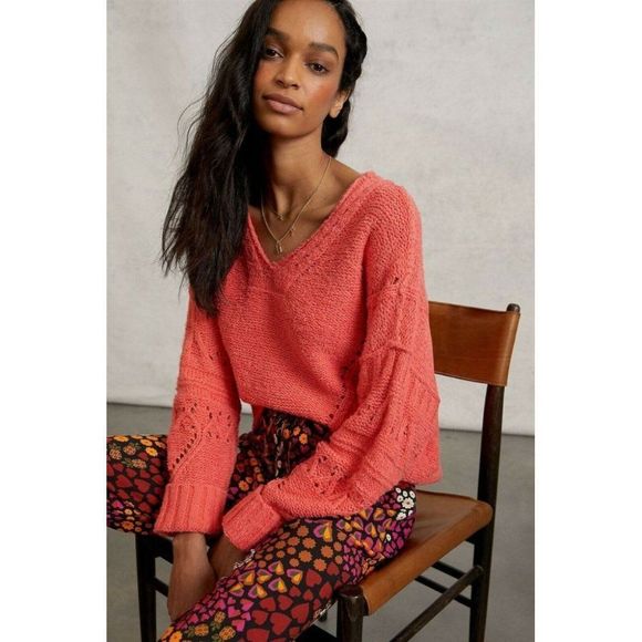 ANTHROPOLOGIE New M Pilcro Marla V-Neck Sweater in Coral - Picture 6 of 7